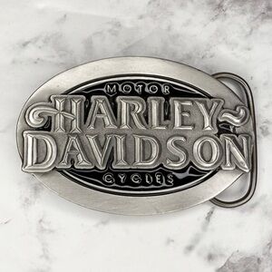 Vintage Oval Pewter & Enamel Harley Davidson Motor Cycles Belt Buckle 3.5"
